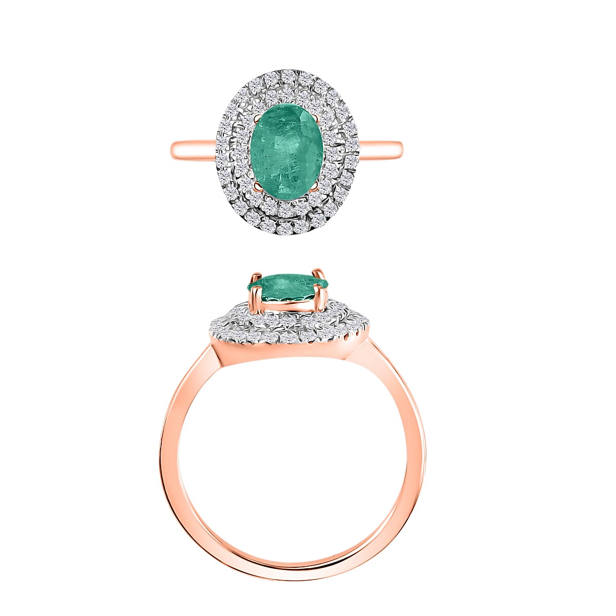 Luxoro Premium Kagem Zambian Emerald and G-H I1 Diamond 1.45 ctw Double Halo Ring in 14K Rose Gold (Size 6.5) (Del. in 10-12 Days) image number 3