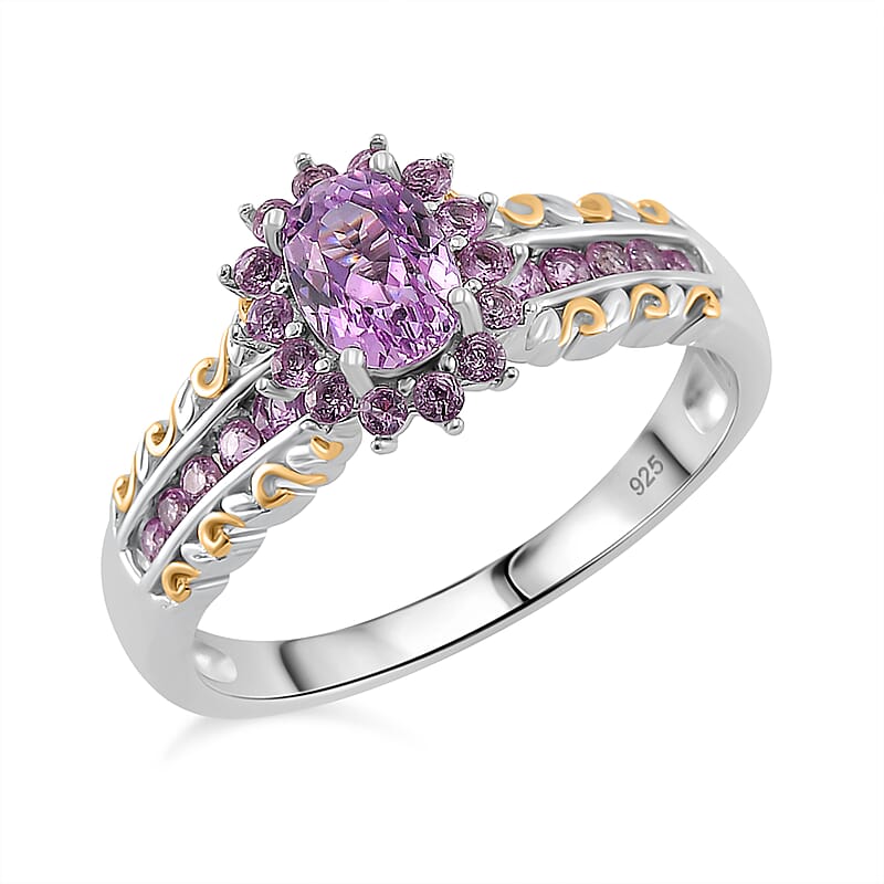 Martha Rocha Kunzite and Madagascar Pink Sapphire 1.65 ctw Royal Bloom Ring 18K Vermeil YG and Rhodium Over Sterling Silver (Size 10.0)