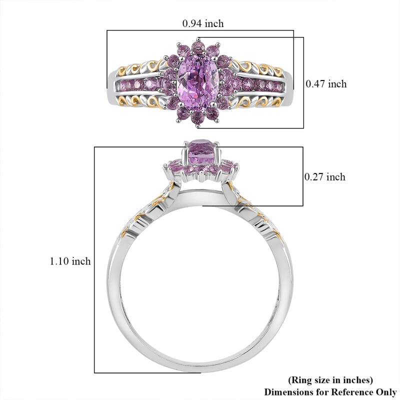 Martha Rocha Kunzite and Madagascar Pink Sapphire 1.65 ctw Royal Bloom Ring 18K Vermeil YG and Rhodium Over Sterling Silver (Size 10.0)