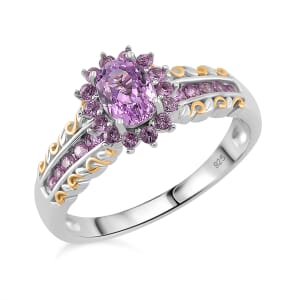 Martha Rocha Kunzite and Madagascar Pink Sapphire 1.65 ctw Royal Bloom Ring 18K Vermeil YG and Rhodium Over Sterling Silver (Size 8.0)