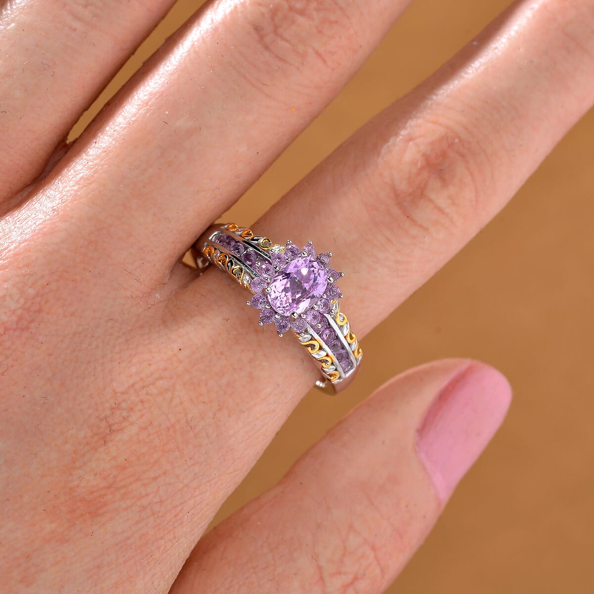 Martha Rocha Kunzite and Madagascar Pink Sapphire 1.65 ctw Royal Bloom Ring 18K Vermeil YG and Rhodium Over Sterling Silver (Size 8.0) image number 1