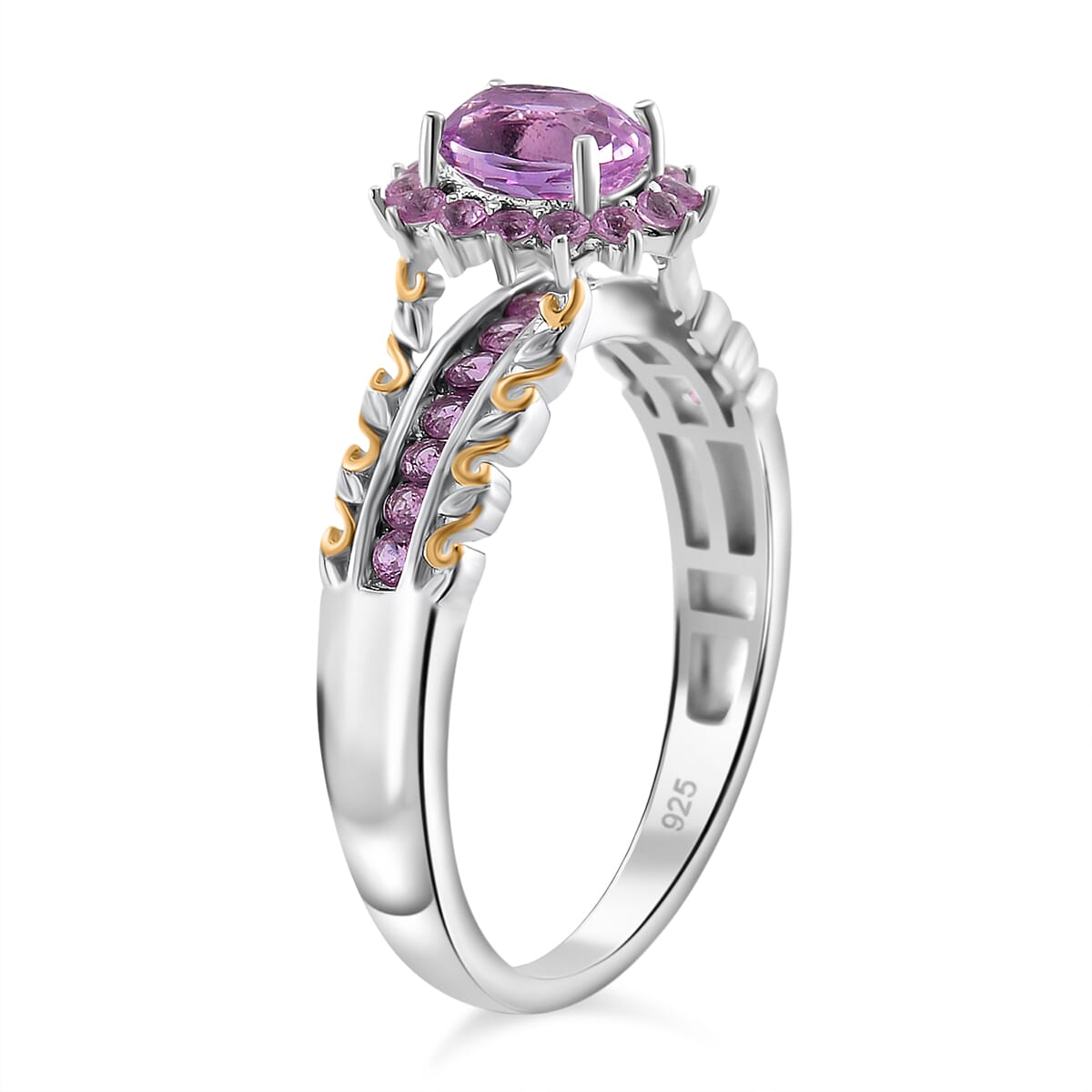 Martha Rocha Kunzite and Madagascar Pink Sapphire 1.65 ctw Royal Bloom Ring 18K Vermeil YG and Rhodium Over Sterling Silver (Size 8.0) image number 2