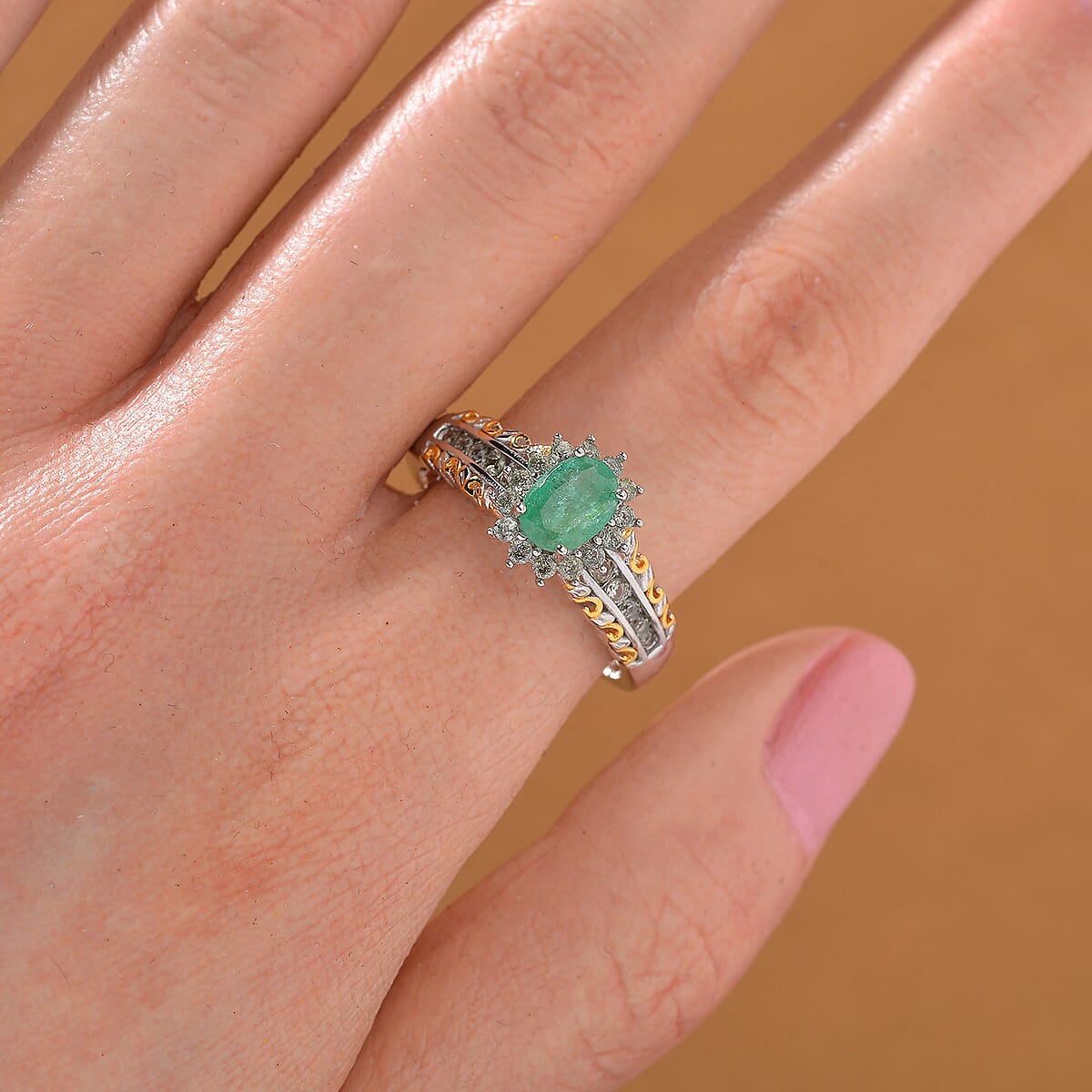 Kagem Zambian Emerald and Madagascar Green Sapphire 1.40 ctw Royal Bloom Ring in 18K Vermeil YG and Rhodium Over Sterling Silver (Size 10.0) image number 1