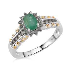 Kagem Zambian Emerald and Madagascar Green Sapphire 1.40 ctw Royal Bloom Ring in 18K Vermeil YG and Rhodium Over Sterling Silver (Size 7.0)