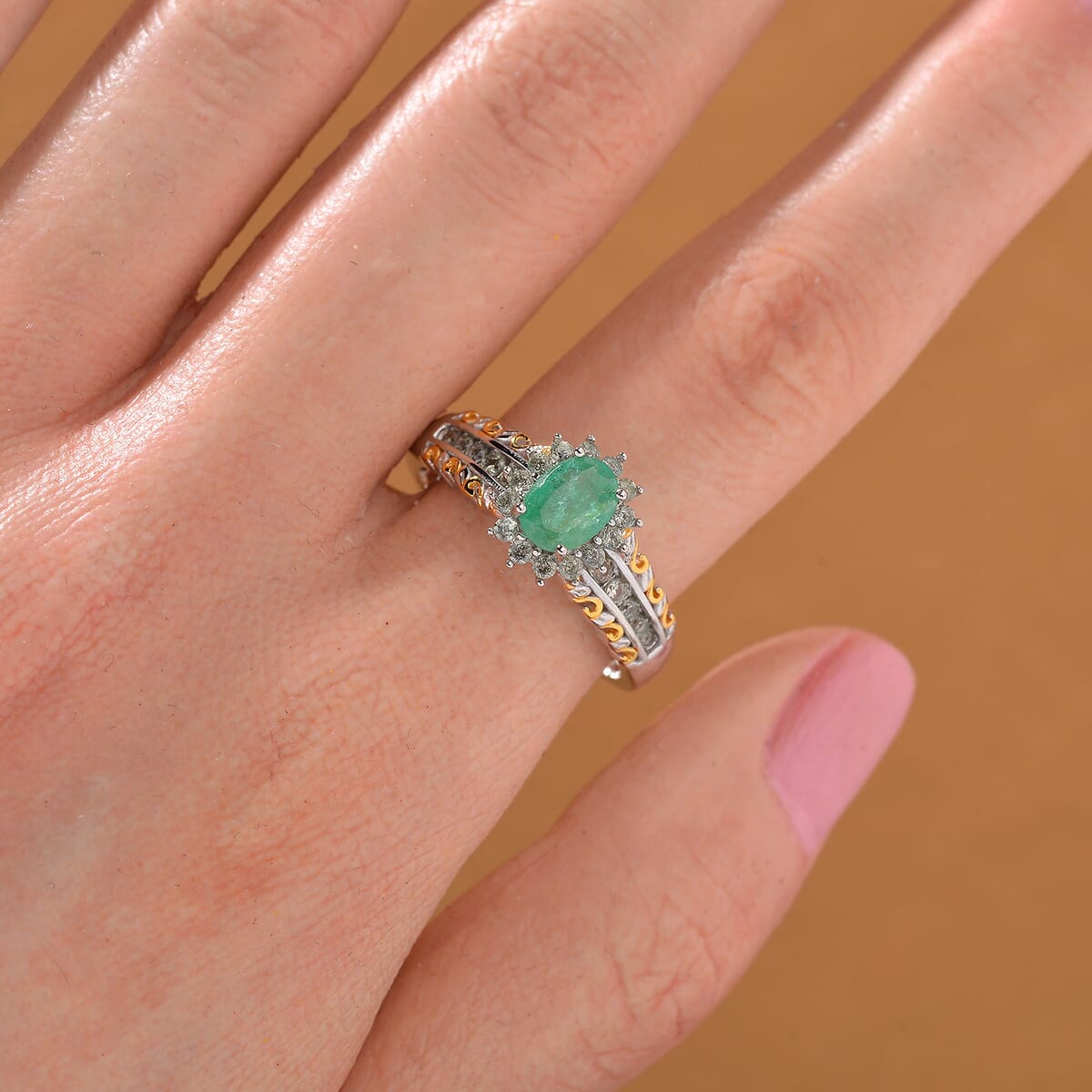 Kagem Zambian Emerald and Madagascar Green Sapphire 1.40 ctw Royal Bloom Ring in 18K Vermeil YG and Rhodium Over Sterling Silver (Size 7.0) image number 1