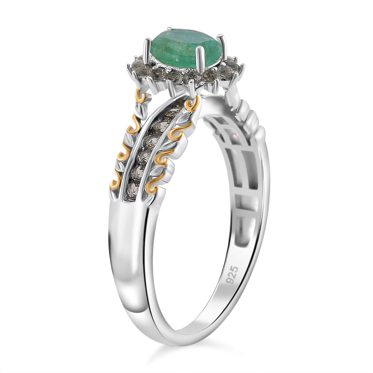 Kagem Zambian Emerald and Madagascar Green Sapphire 1.40 ctw Royal Bloom Ring in 18K Vermeil YG and Rhodium Over Sterling Silver (Size 7.0) image number 2