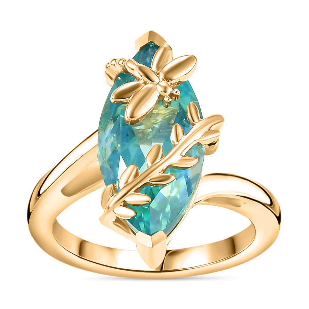 GP Trionfo Collection Premium Peacock Quartz (Triplet) 6.35 ctw Dragonfly Ring in 18K Vermeil Yellow Gold Over Sterling Silver (Size 10.0) image number 0