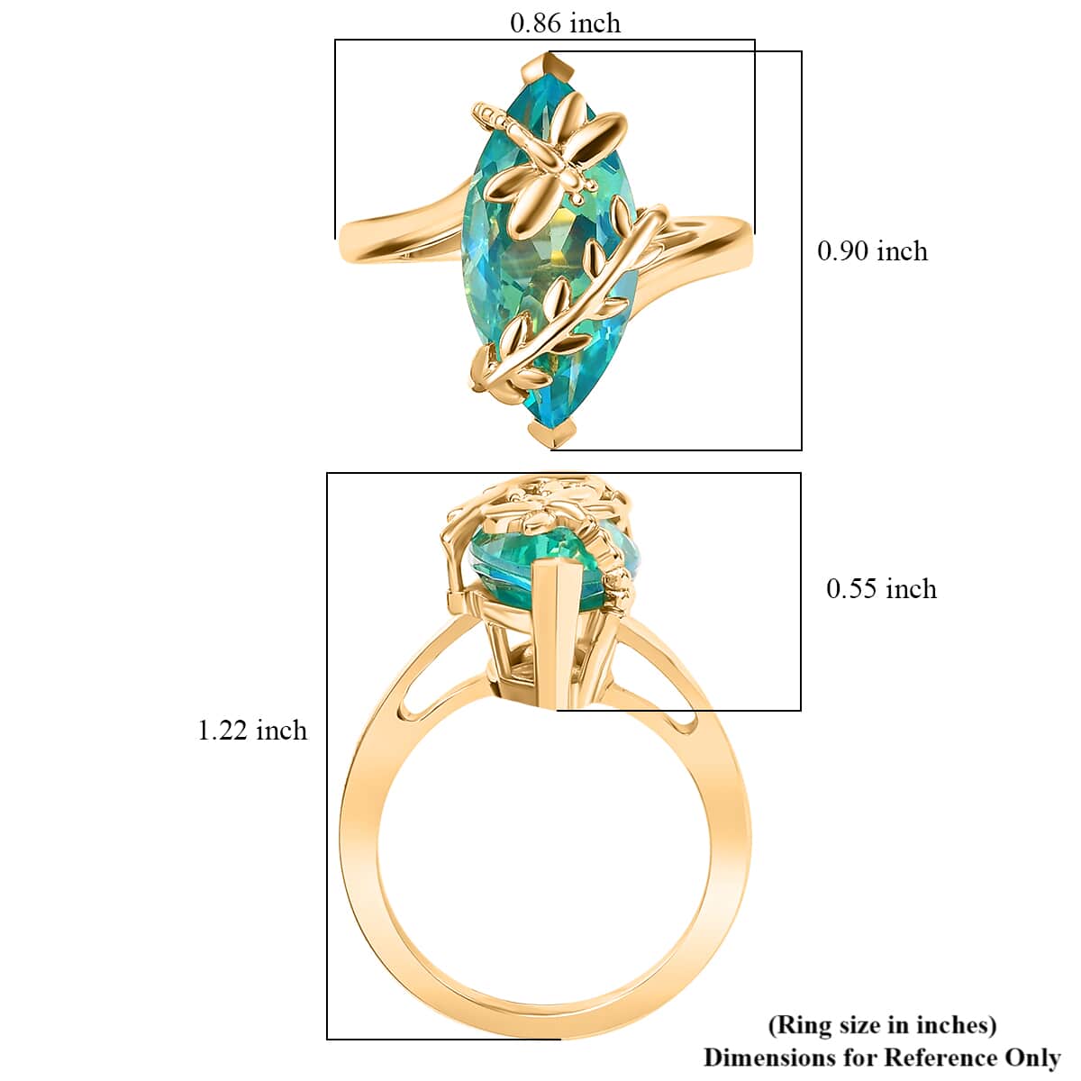 GP Trionfo Collection Premium Peacock Quartz (Triplet) 6.35 ctw Dragonfly Ring in 18K Vermeil Yellow Gold Over Sterling Silver (Size 10.0) image number 5