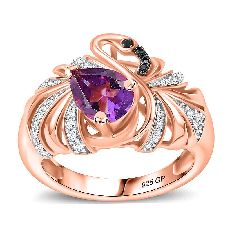GP Trionfo Collection Rose De France Amethyst, Multi Gemstone Swan Ring in 18K Vermeil RG Over Sterling Silver (Size 7.0) 1.55 ctw