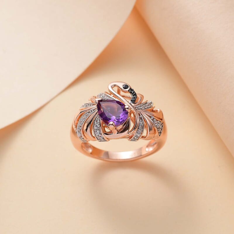 GP Trionfo Collection Rose De France Amethyst, Multi Gemstone Swan Ring in 18K Vermeil RG Over Sterling Silver (Size 7.0) 1.55 ctw