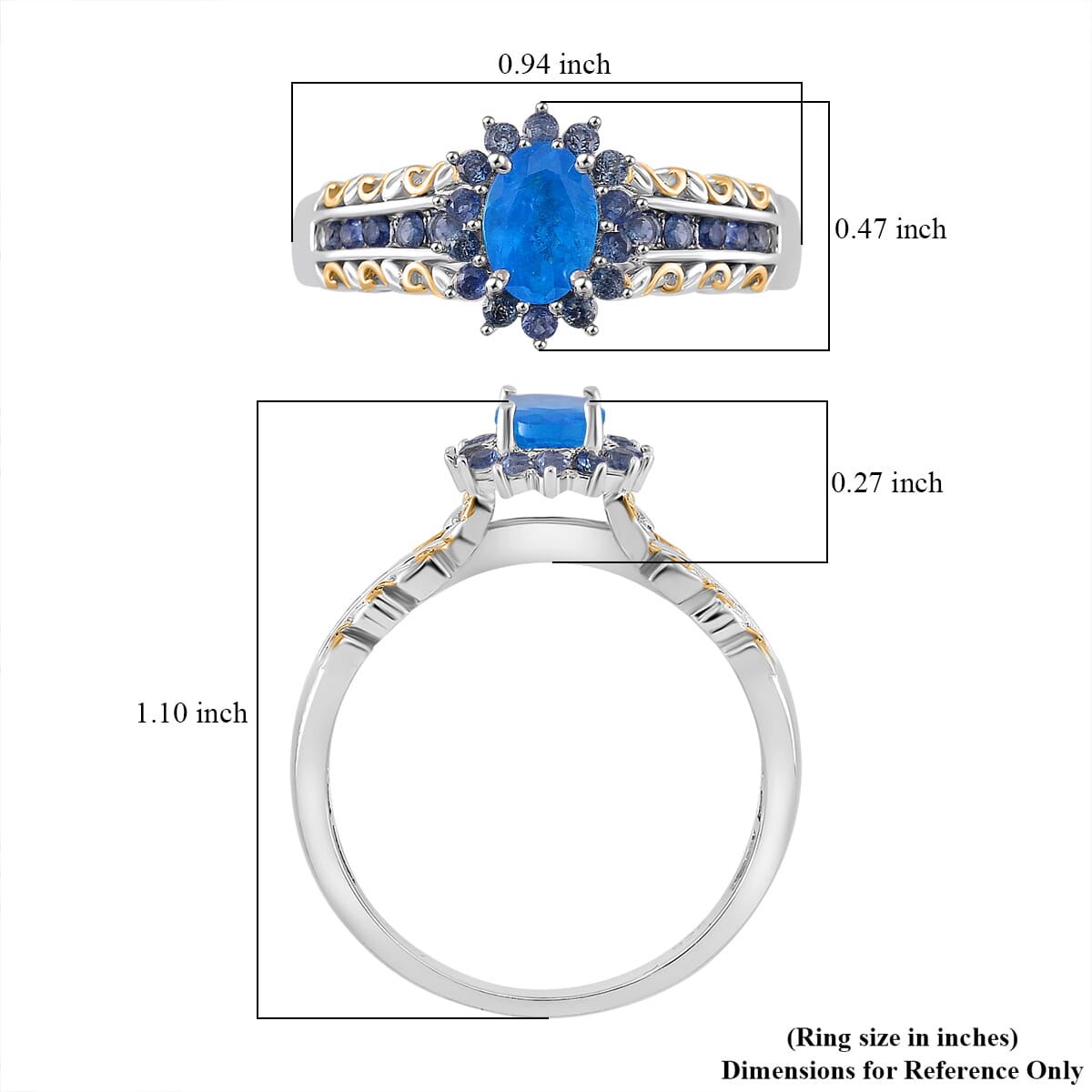 Malgache Neon Apatite and Madagasar Blue Sapphire 1.50 ctw Royal Bloom Ring 18K Vermeil YG and Rhodium Over Sterling Silver (Size 6.0) image number 4