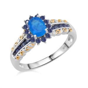 Malgache Neon Apatite and Madagasar Blue Sapphire 1.50 ctw Royal Bloom Ring 18K Vermeil YG and Rhodium Over Sterling Silver (Size 7.0)