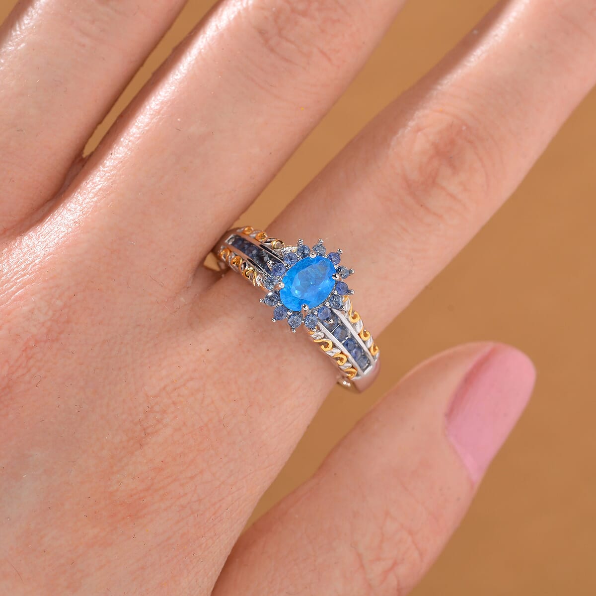 Malgache Neon Apatite and Madagasar Blue Sapphire 1.50 ctw Royal Bloom Ring 18K Vermeil YG and Rhodium Over Sterling Silver (Size 7.0) image number 1