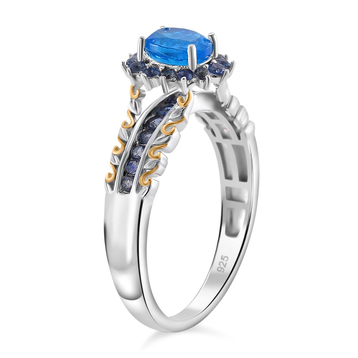 Malgache Neon Apatite and Madagasar Blue Sapphire 1.50 ctw Royal Bloom Ring 18K Vermeil YG and Rhodium Over Sterling Silver (Size 7.0) image number 2