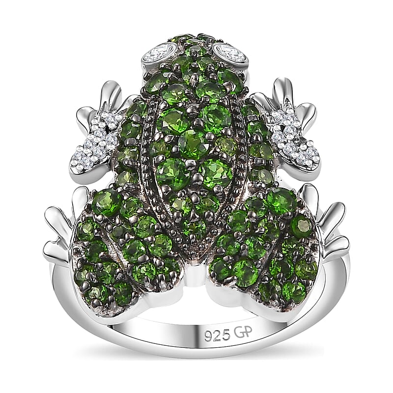 GP Trionfo Collection Chrome Diopside and White Zircon 1.70 ctw Frog Ring in Rhodium Over Sterling Silver (Size 10.0)