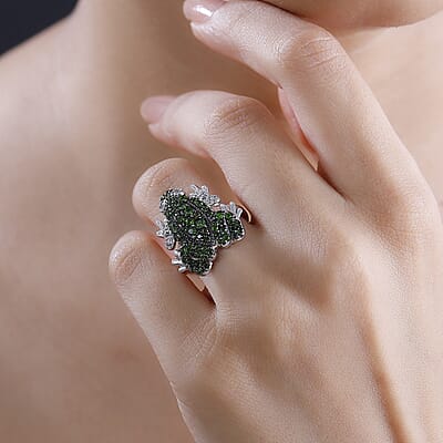 GP Trionfo Collection Chrome Diopside and White Zircon 1.70 ctw Frog Ring in Rhodium Over Sterling Silver (Size 10.0)