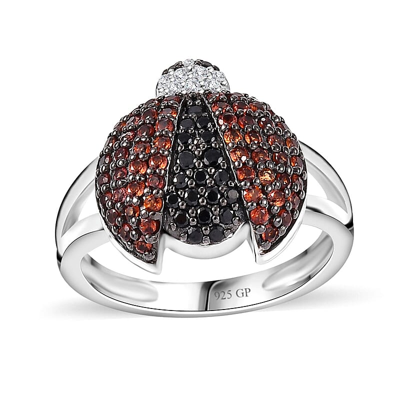 GP Trionfo Collection Thai Black Spinel and Multi Gemstone 1.00 ctw Ladybug Ring in Rhodium Over Sterling Silver (Size 10.0)