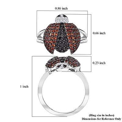 GP Trionfo Collection Thai Black Spinel and Multi Gemstone 1.00 ctw Ladybug Ring in Rhodium Over Sterling Silver (Size 10.0)