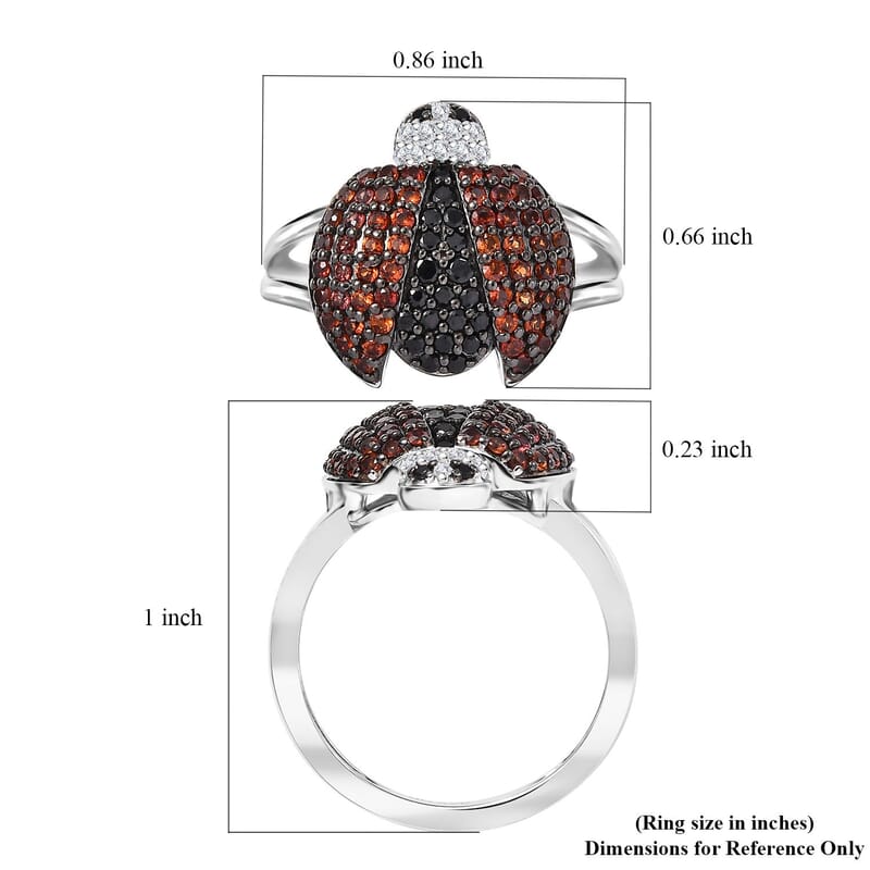 GP Trionfo Collection Thai Black Spinel and Multi Gemstone 1.00 ctw Ladybug Ring in Rhodium Over Sterling Silver (Size 10.0)