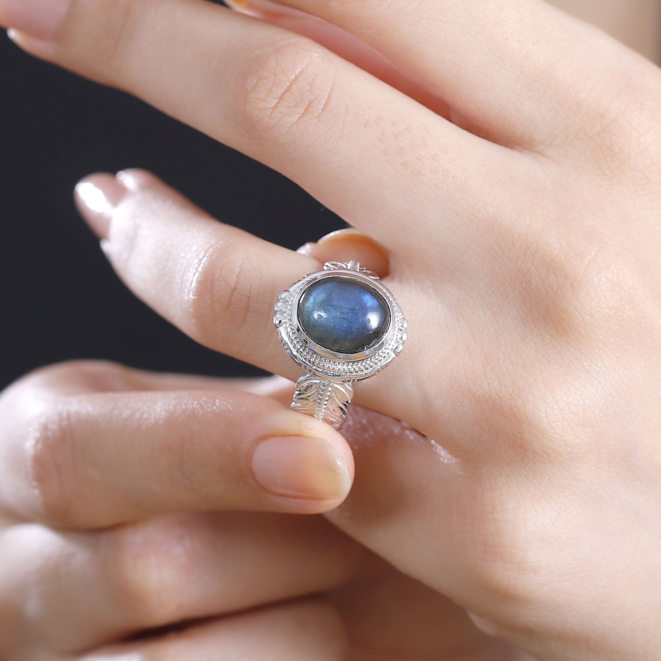 Karis Malagasy Labradorite 5.60 ctw Feather Ring in Platinum Bond (Size 10.0)