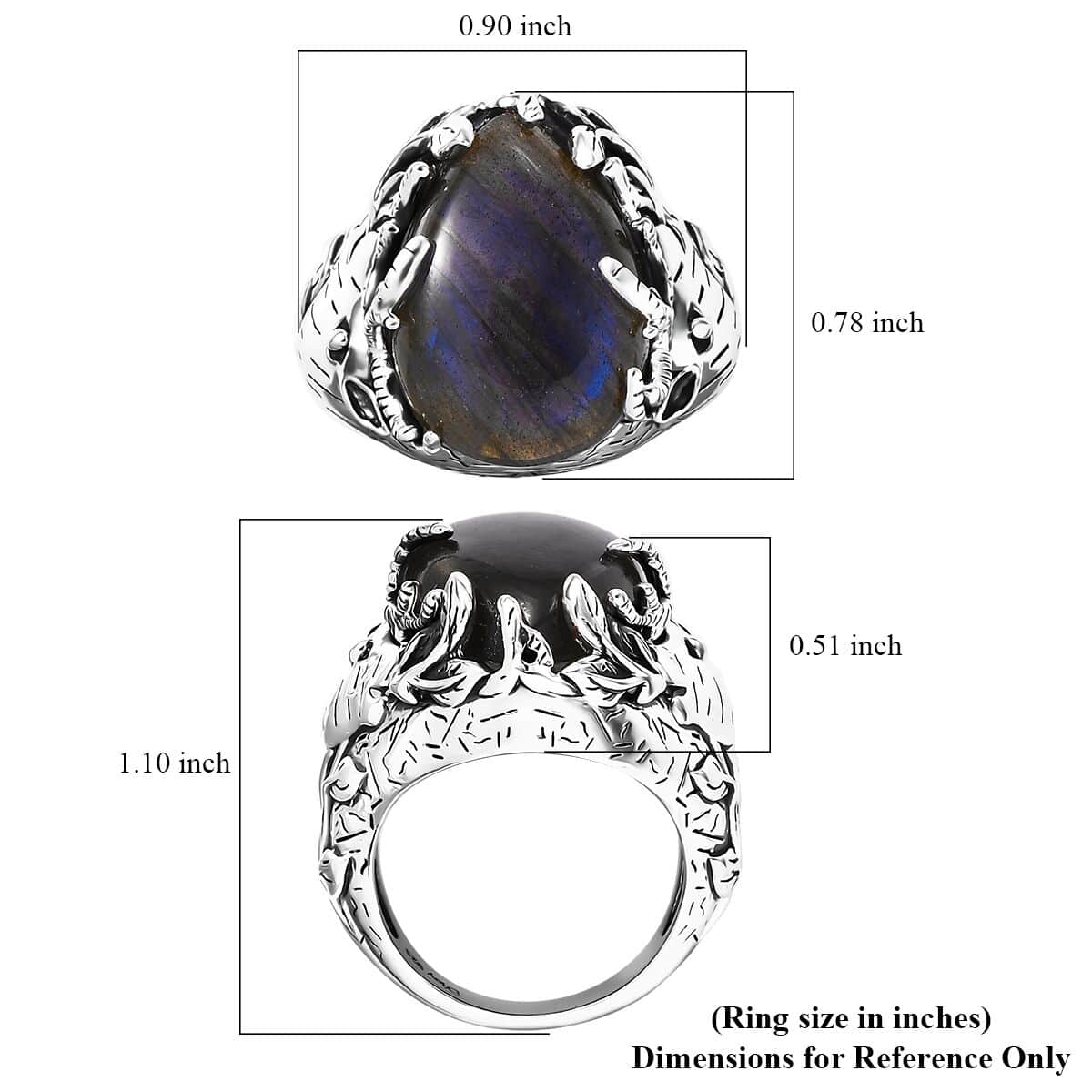 Artisan Crafted Malagasy Labradorite 11.80 ctw Dear Face Ring in Platinum Over Sterling Silver (Size 6.0) image number 6