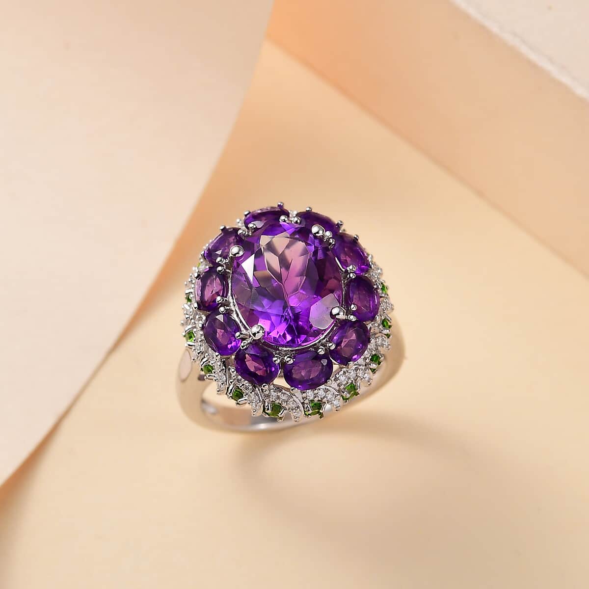 Moroccan Amethyst and Multi Gemstone 5.85 ctw Floral Ring in Rhodium Over Sterling Silver (Size 10.0) image number 1