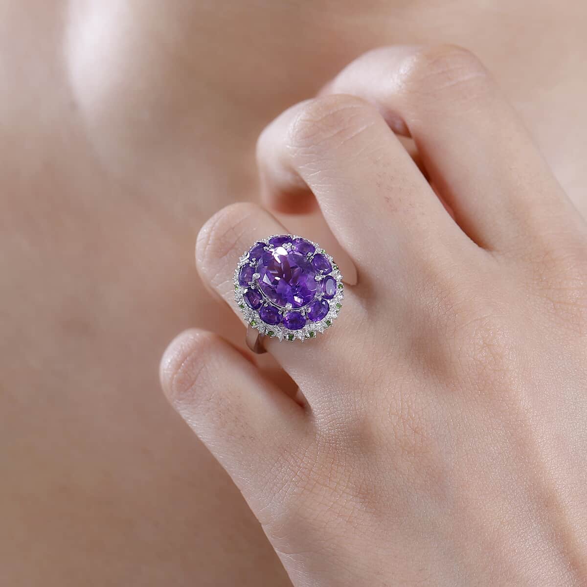 Moroccan Amethyst and Multi Gemstone 5.85 ctw Floral Ring in Rhodium Over Sterling Silver (Size 10.0) image number 2