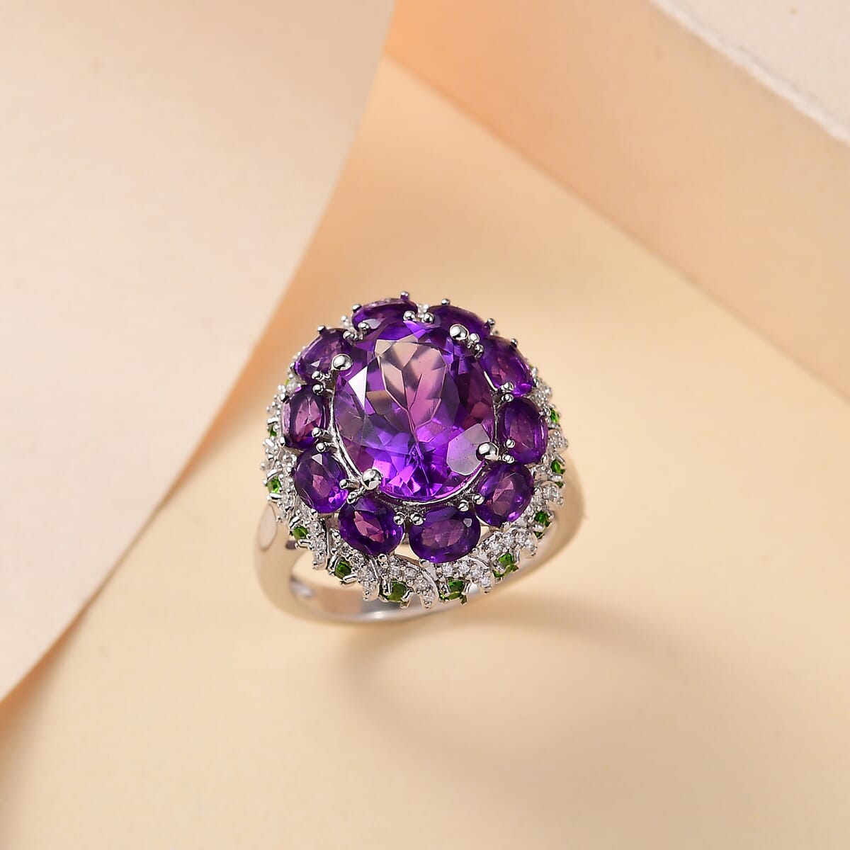 Moroccan Amethyst and Multi Gemstone 5.85 ctw Floral Ring in Rhodium Over Sterling Silver (Size 8.0) image number 1