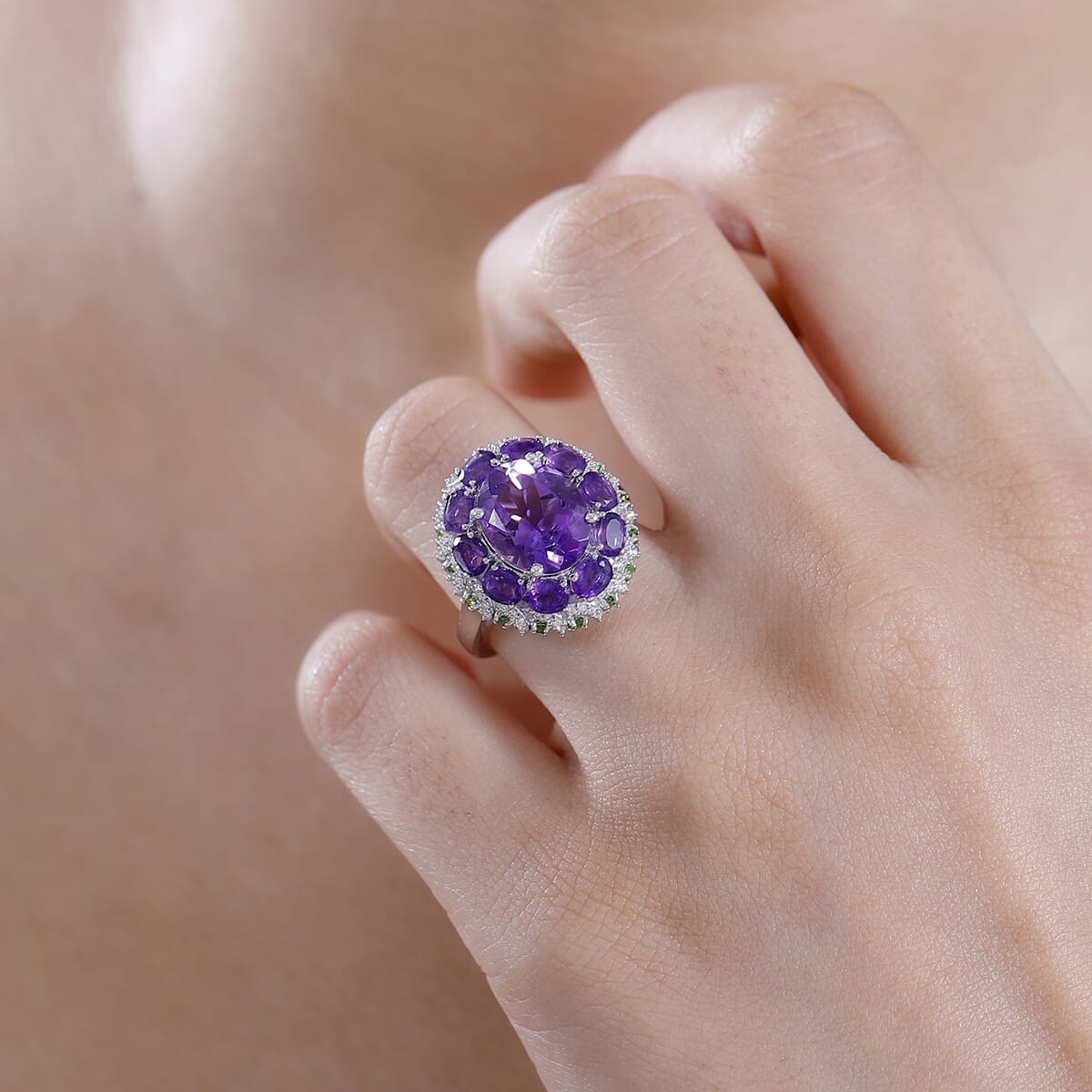 Moroccan Amethyst and Multi Gemstone 5.85 ctw Floral Ring in Rhodium Over Sterling Silver (Size 8.0) image number 2