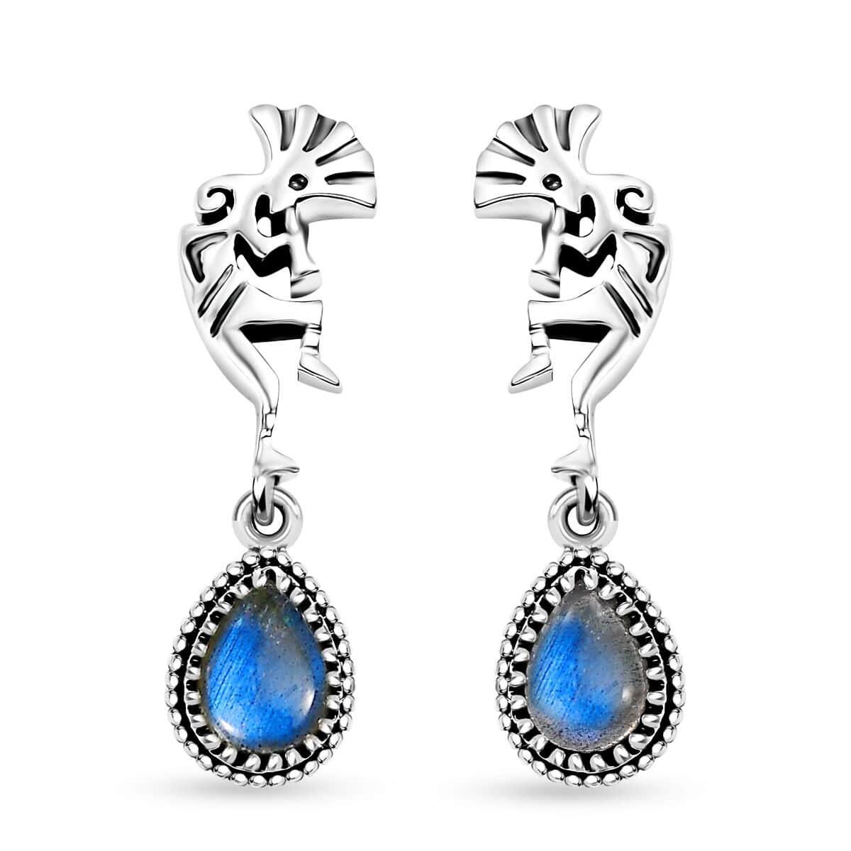 Artisan Crafted Malagasy Labradorite 1.85 ctw Kokopelli Earrings in Sterling Silver image number 0