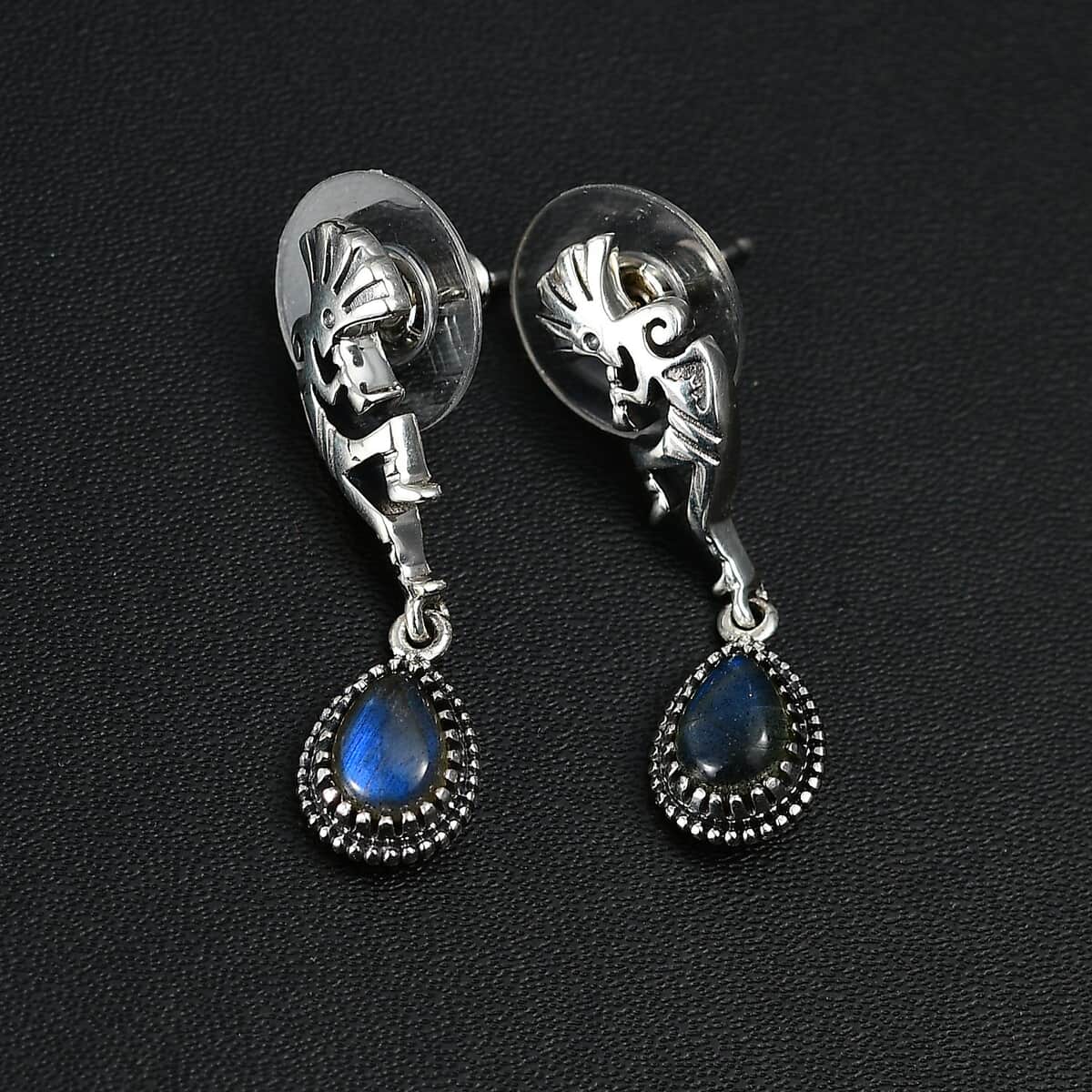 Artisan Crafted Malagasy Labradorite 1.85 ctw Kokopelli Earrings in Sterling Silver image number 1