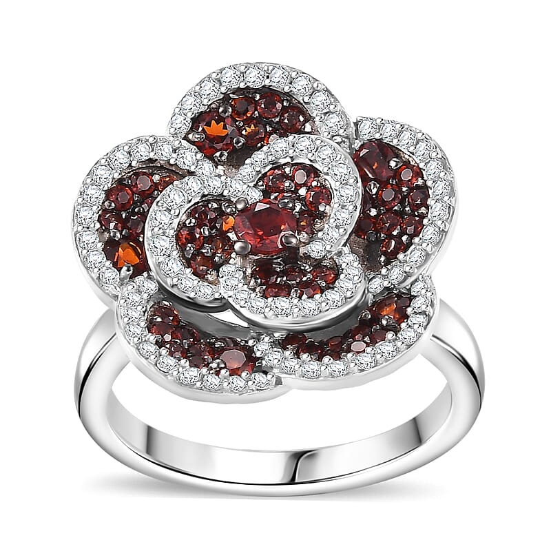 Mozambique Garnet and White Zircon 1.90 ctw Flower Ring in Platinum Over Sterling Silver (Size 10.0)