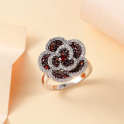 Mozambique Garnet and White Zircon 1.90 ctw Flower Ring in Platinum Over Sterling Silver (Size 10.0)
