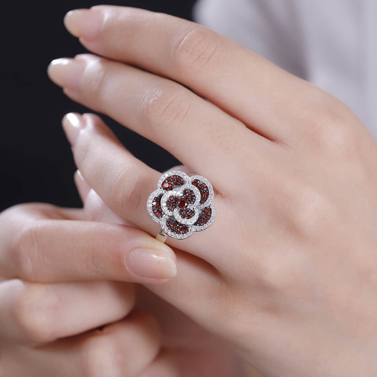 Mozambique Garnet, White Zircon Flower Ring in Platinum Over Sterling Silver (Size 10.0) 1.90 ctw image number 2