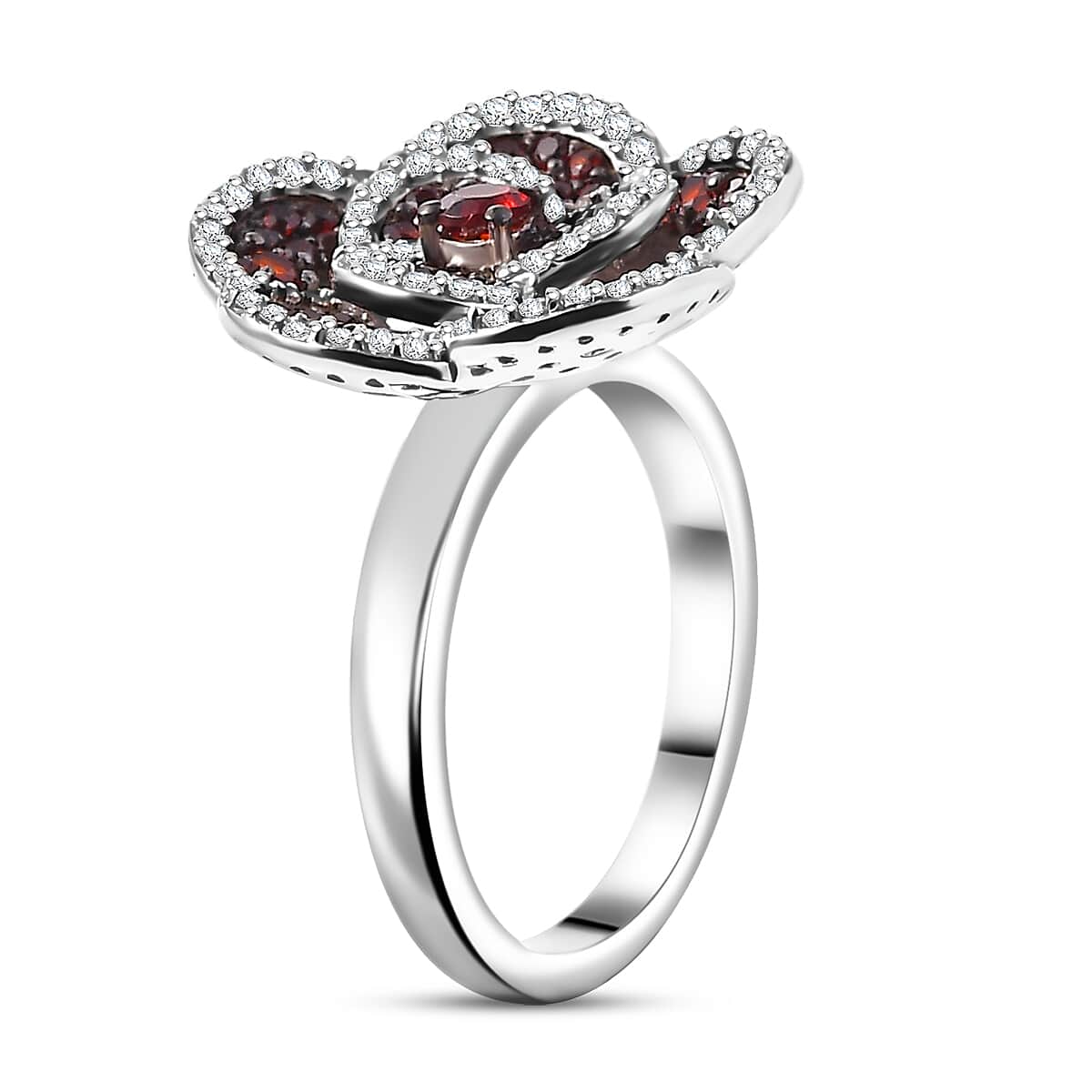 Mozambique Garnet, White Zircon Flower Ring in Platinum Over Sterling Silver (Size 10.0) 1.90 ctw image number 3