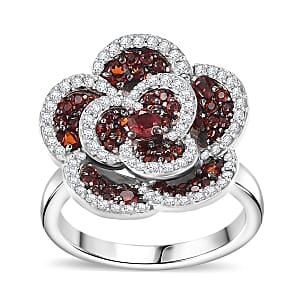 Mozambique Garnet and White Zircon 1.90 ctw Flower Ring in Platinum Over Sterling Silver (Size 8.0)