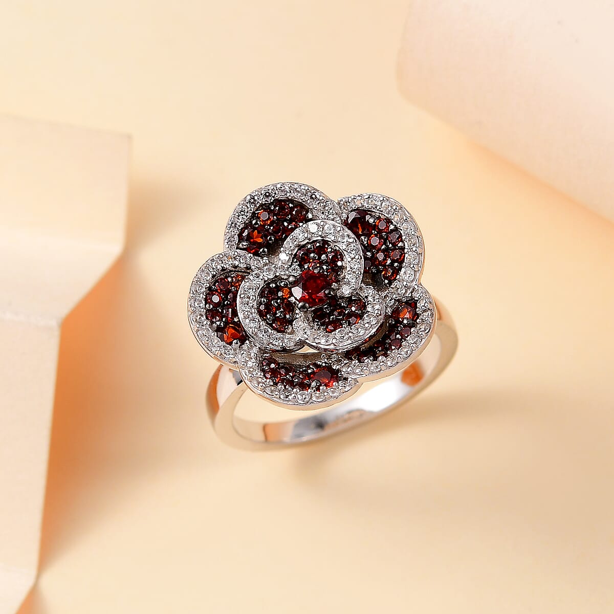 Mozambique Garnet and White Zircon 1.90 ctw Flower Ring in Platinum Over Sterling Silver (Size 8.0) image number 1