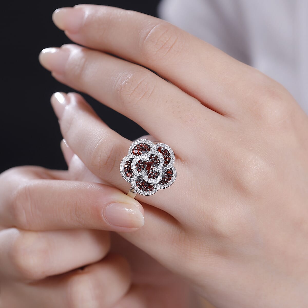 Mozambique Garnet and White Zircon 1.90 ctw Flower Ring in Platinum Over Sterling Silver (Size 8.0) image number 2