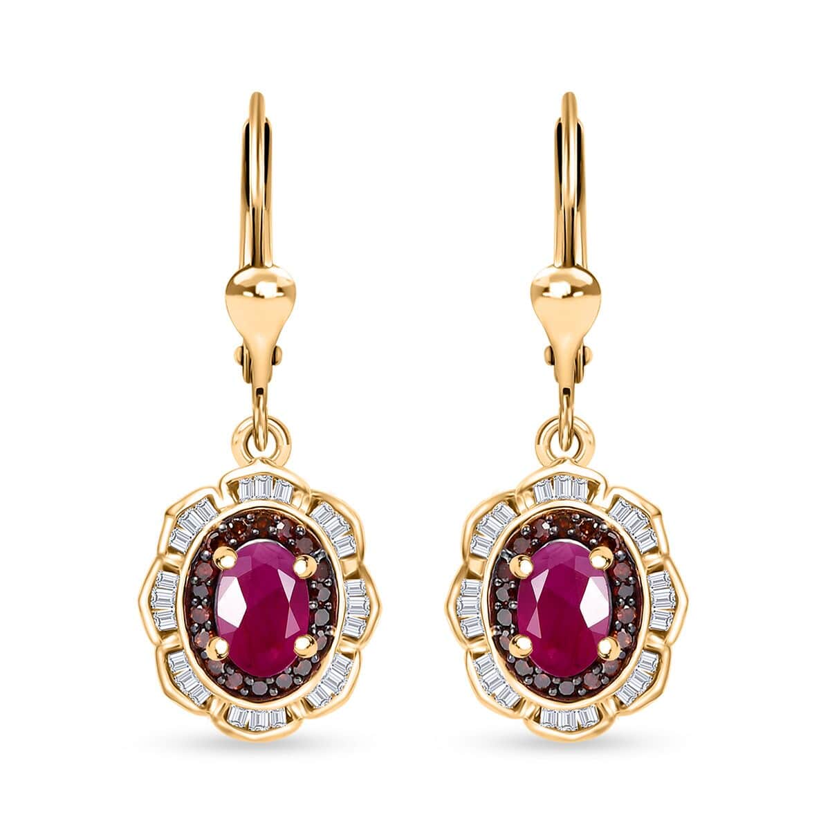 AAA Royal Ruby, Red and White Diamond 2.00 ctw Nelumbo Nucifera Flower Earrings in 18K Vermeil Yellow Gold Over Sterling Silver image number 0