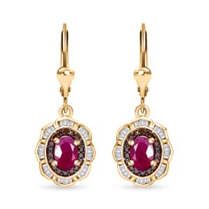 AAA Royal Ruby, Red and White Diamond 2.00 ctw Nelumbo Nucifera Flower Earrings in 18K Vermeil Yellow Gold Over Sterling Silver