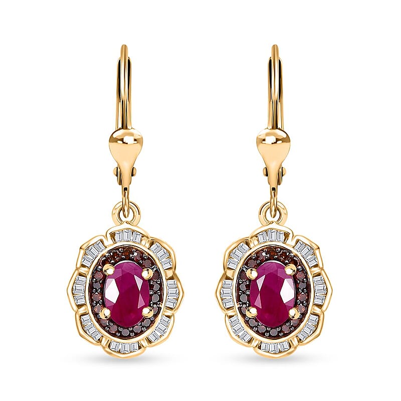 AAA Royal Ruby, Red and White Diamond 2.00 ctw Nelumbo Nucifera Flower Earrings in 18K Vermeil Yellow Gold Over Sterling Silver