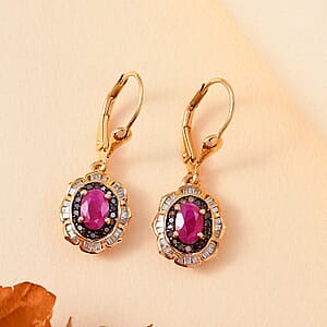 AAA Royal Ruby, Red and White Diamond 2.00 ctw Nelumbo Nucifera Flower Earrings in 18K Vermeil Yellow Gold Over Sterling Silver