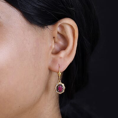AAA Royal Ruby, Red and White Diamond 2.00 ctw Nelumbo Nucifera Flower Earrings in 18K Vermeil Yellow Gold Over Sterling Silver
