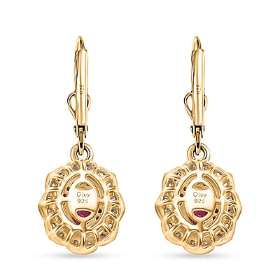 AAA Royal Ruby, Red and White Diamond 2.00 ctw Nelumbo Nucifera Flower Earrings in 18K Vermeil Yellow Gold Over Sterling Silver