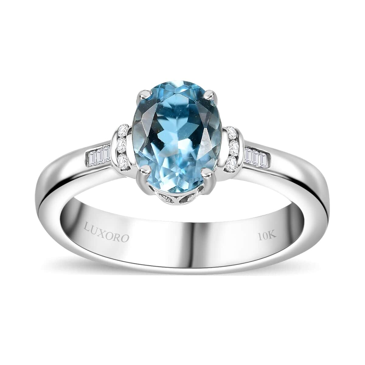 Luxoro Premium Santa Maria Aquamarine and G-H I2 Diamond 1.20 ctw Statement Ring in 10K White Gold (Size 8.5) image number 0