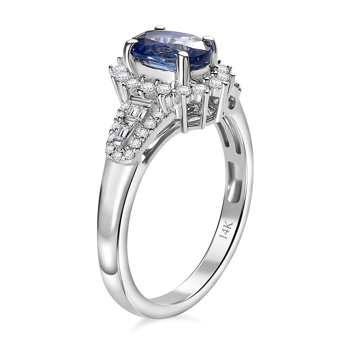 Luxoro 14K White Gold AAA Ceylon Blue Sapphire, Diamond (G-H, I2) (0.40 cts) Sunburst Ring (Size 5.5) 1.30 ctw image number 3