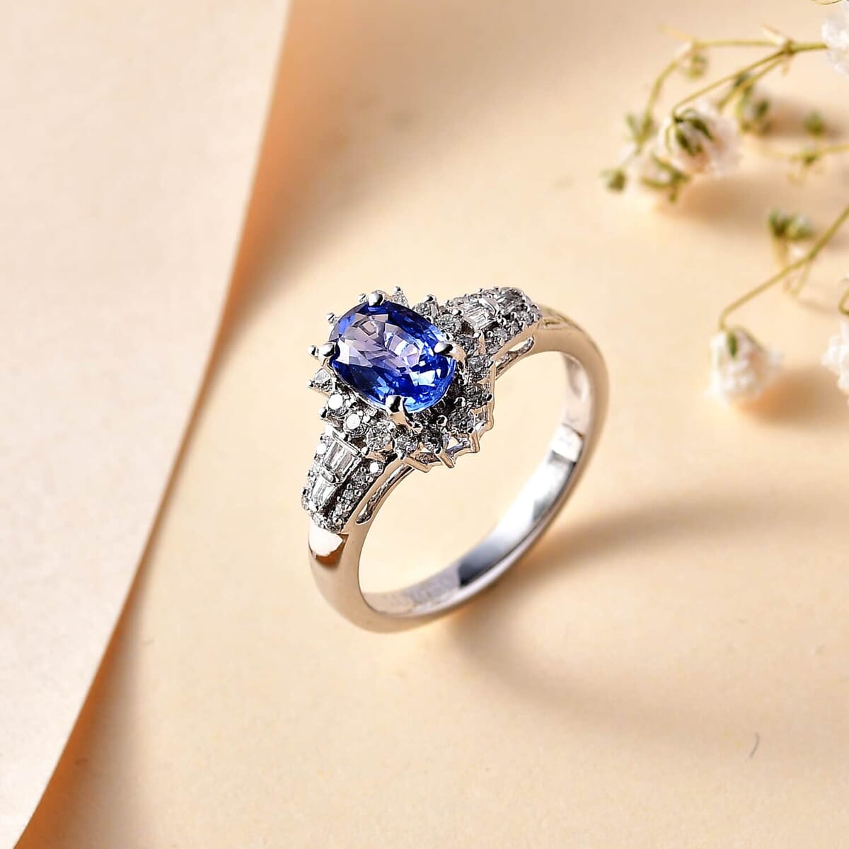 14K W Gold  AAA   Ceylon Sapphire ,  White Diamond  I2 Main Stone With Side Stone Ring ,  Gold Wt. 3.57 g 1.30 ctw image number 1