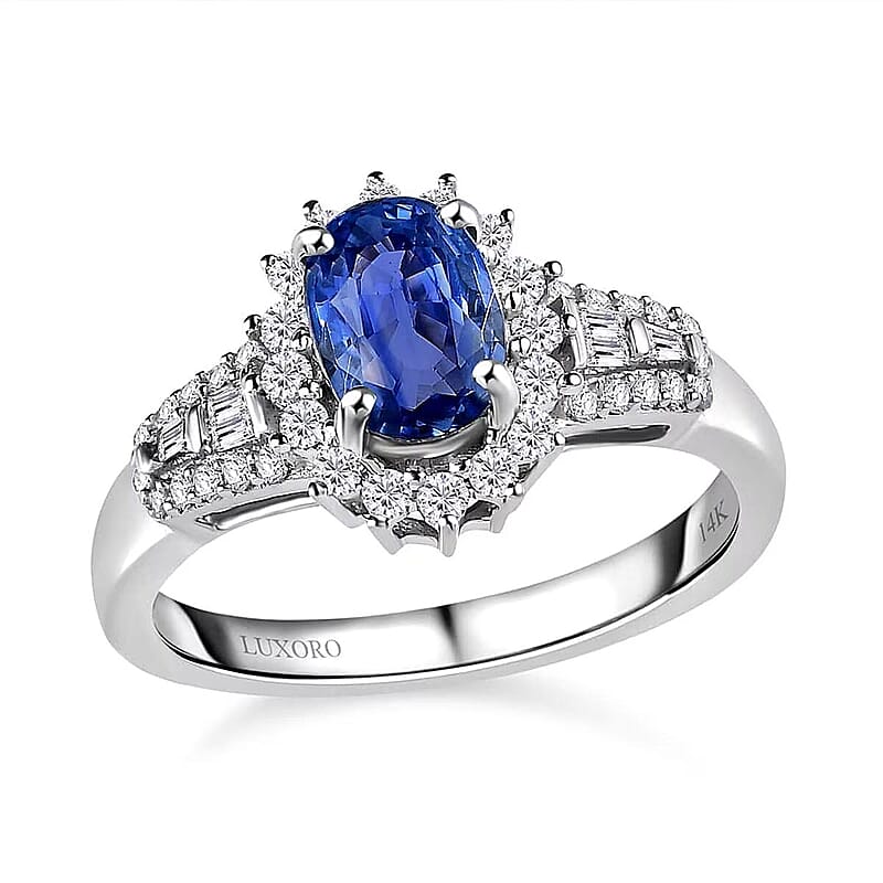 Luxoro 14K White Gold AAA Ceylon Blue Sapphire, Diamond (G-H, I2) (0.40 cts) Sunburst Ring (Size 10.0) 1.30 ctw