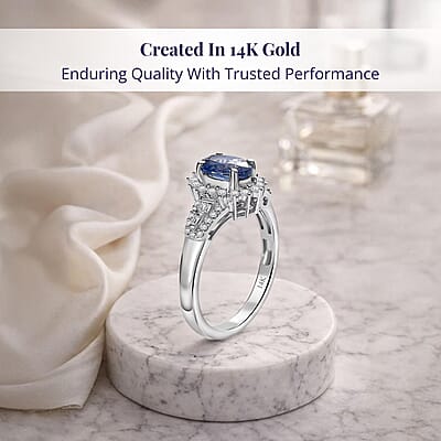 Luxoro 14K White Gold AAA Ceylon Blue Sapphire, Diamond (G-H, I2) (0.40 cts) Sunburst Ring (Size 10.0) 1.30 ctw