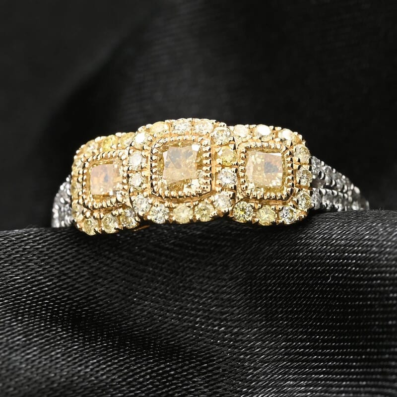 JCK Modani Closeout Natural Yellow and White Diamond (SI) 0.93 ctw Trilogy Ring in 14K White and Yellow Gold (Size 7.5)